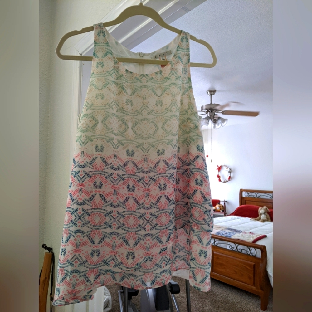 CAbi Cream and Green Print Top